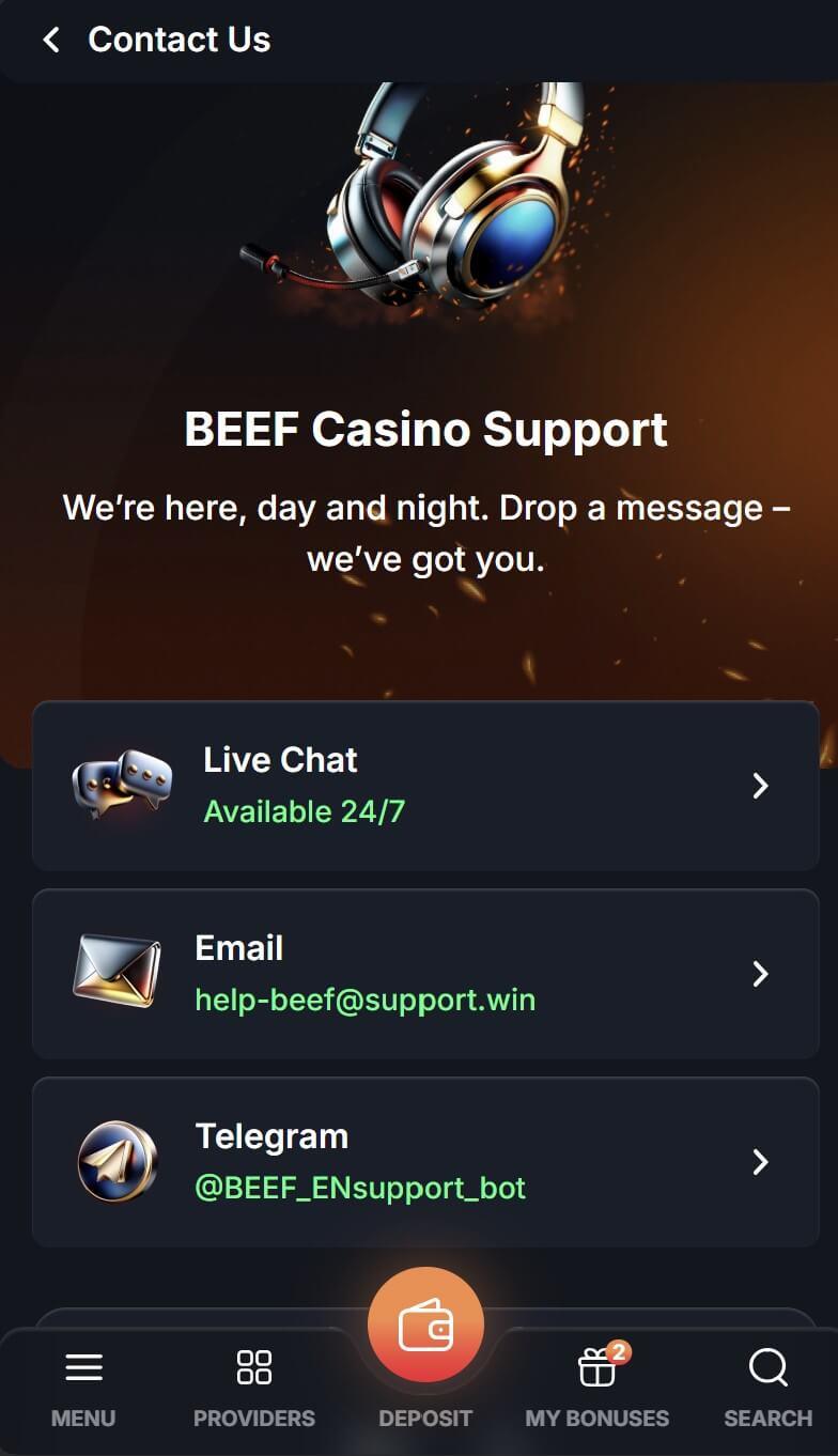 Beef Casino sadaļa Contact Us