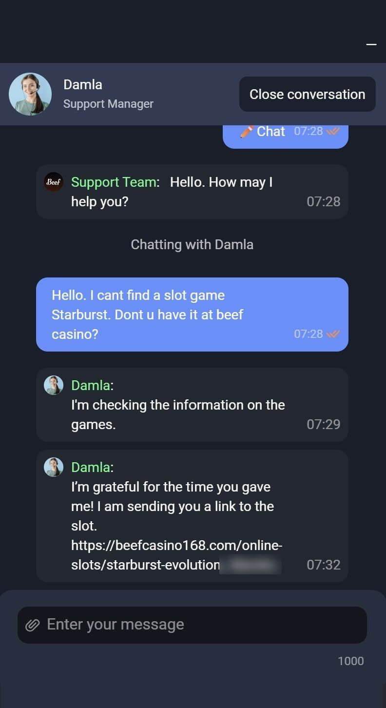 Saruna ar Beef Casino klientu atbalstu par slotu Starburst