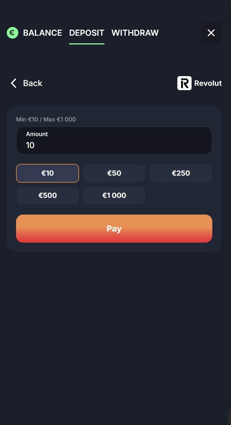 Beef Casino iemaksas summas ievade