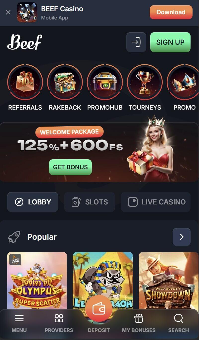 Beef Casino sākumlapa ar Sign Up pogu