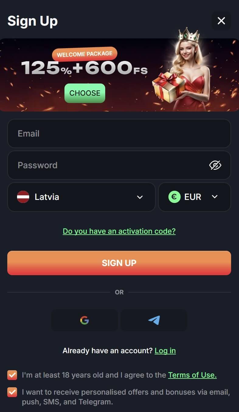Beef Casino reģistrācijas forma