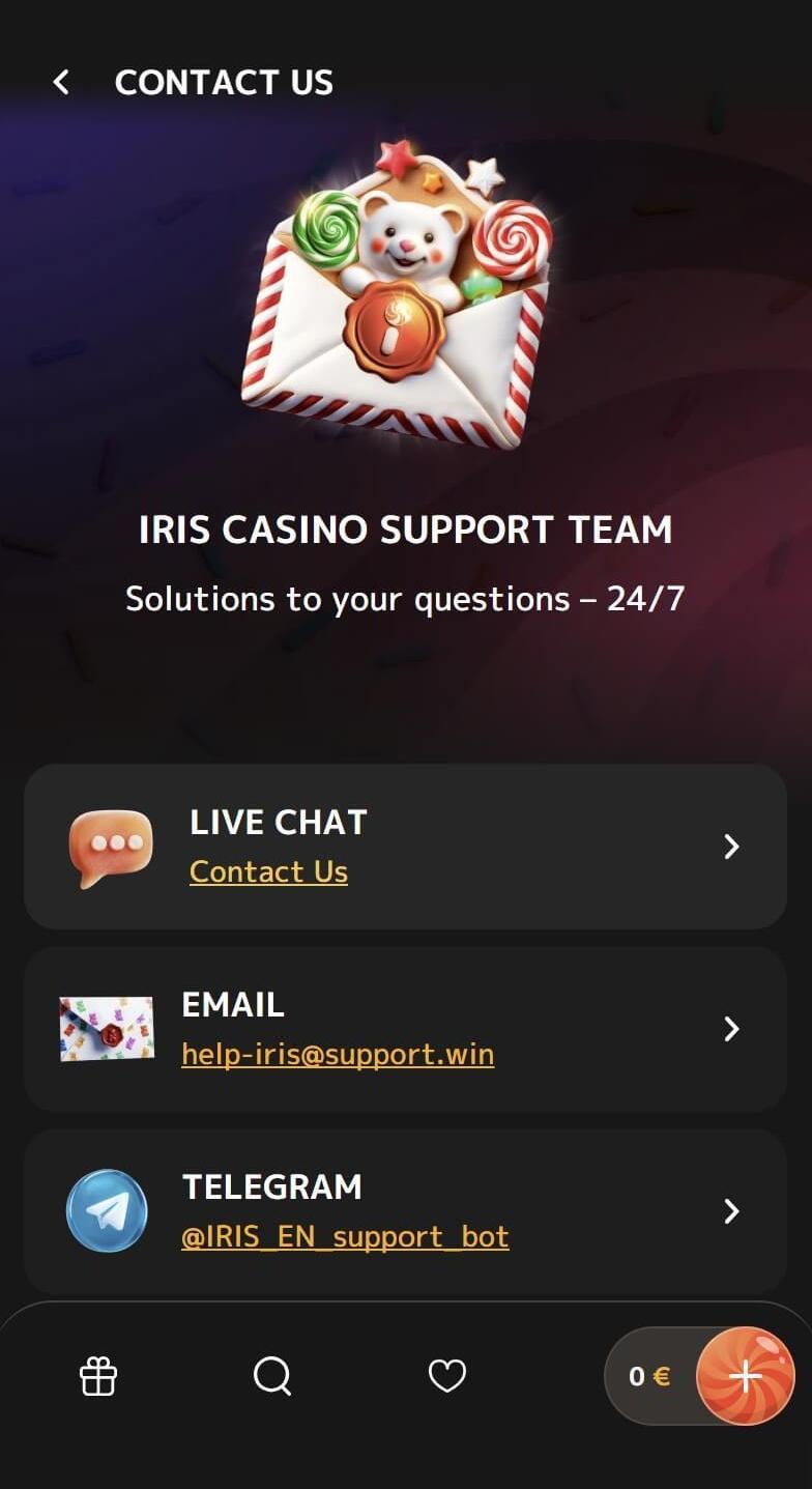 Iris Casino sadaļa Contact Us