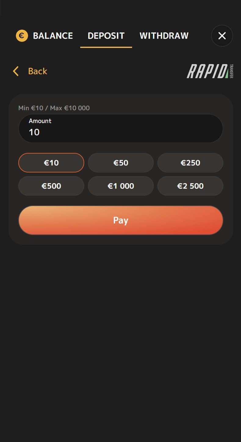 Iris Casino iemaksas summas ievade