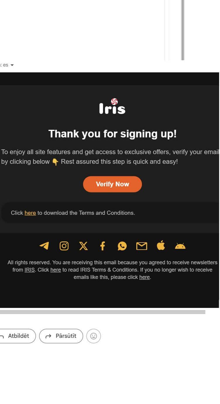 Iris Casino e-pasta apstiprināšanas vēstule