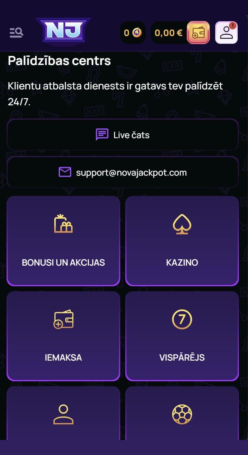 NovaJackpot Casino palīdzības centrs ar live čatu un e-pastu