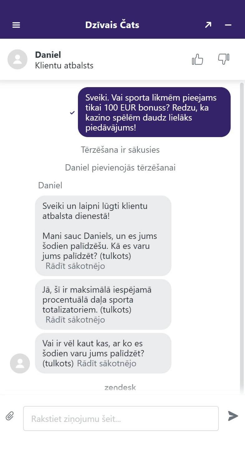 Sarakste ar NovaJackpot Casino atbalstu live čatā par sporta bonusu