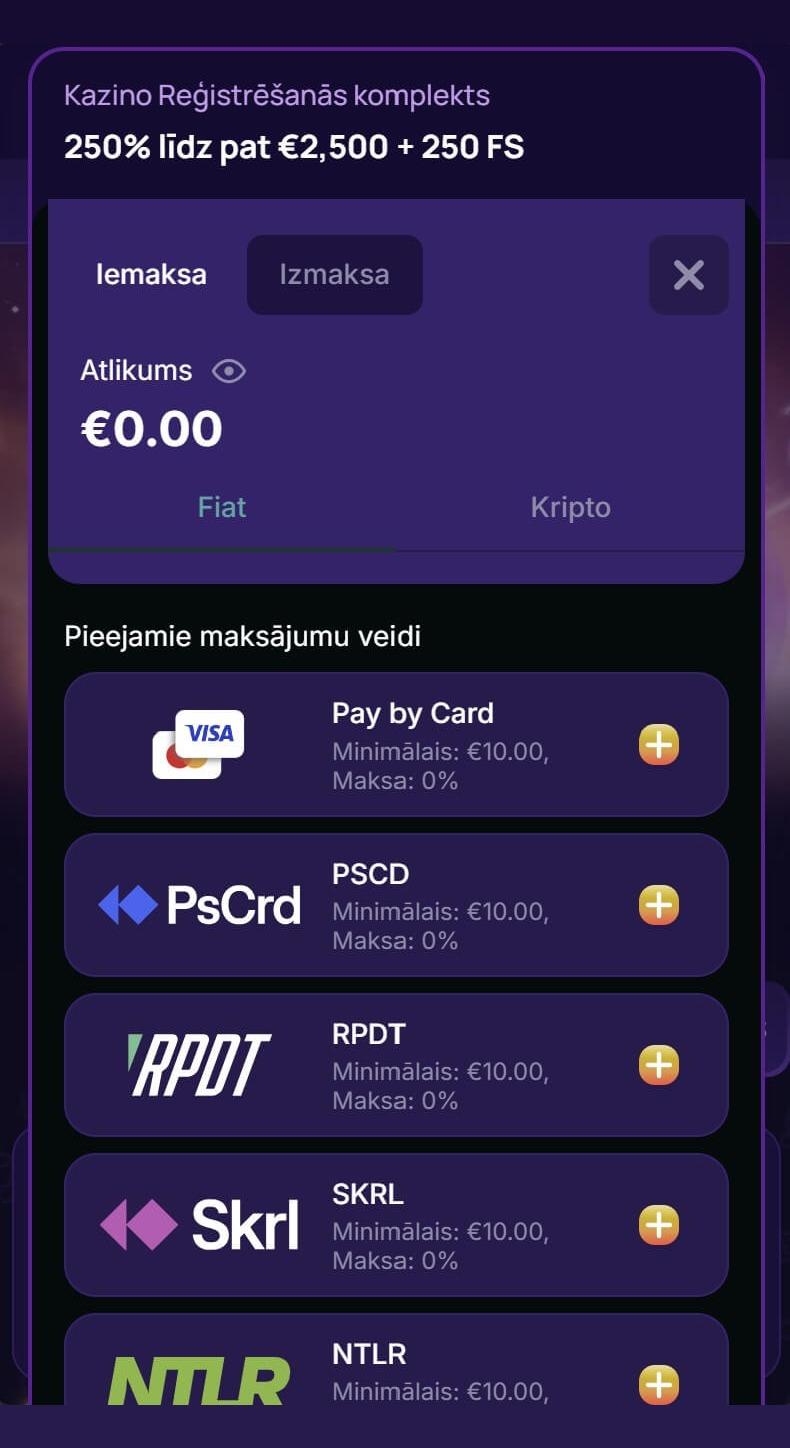 NovaJackpot Casino pieejamie maksājumu veidi iemaksai