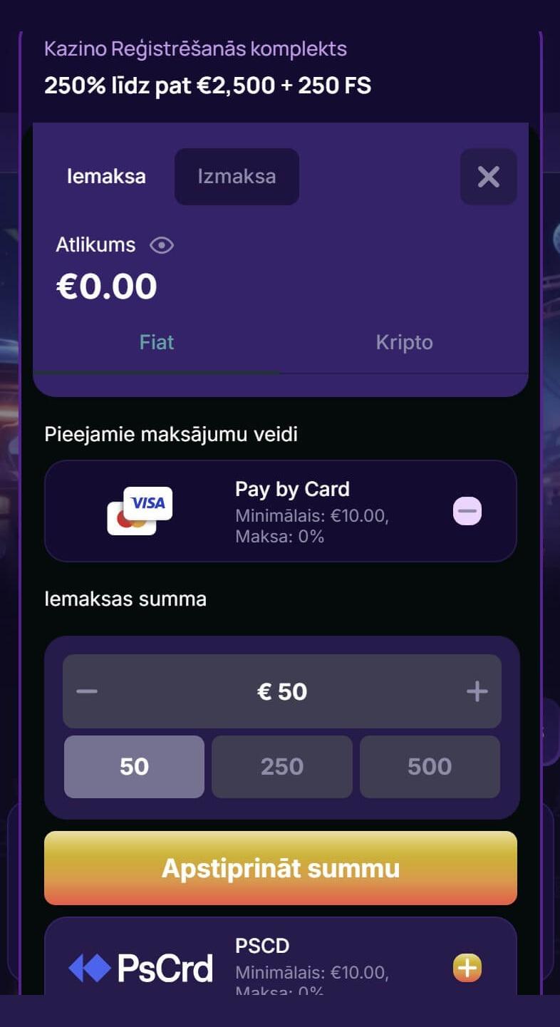 NovaJackpot Casino iemaksas summas ievade un apstiprināšana