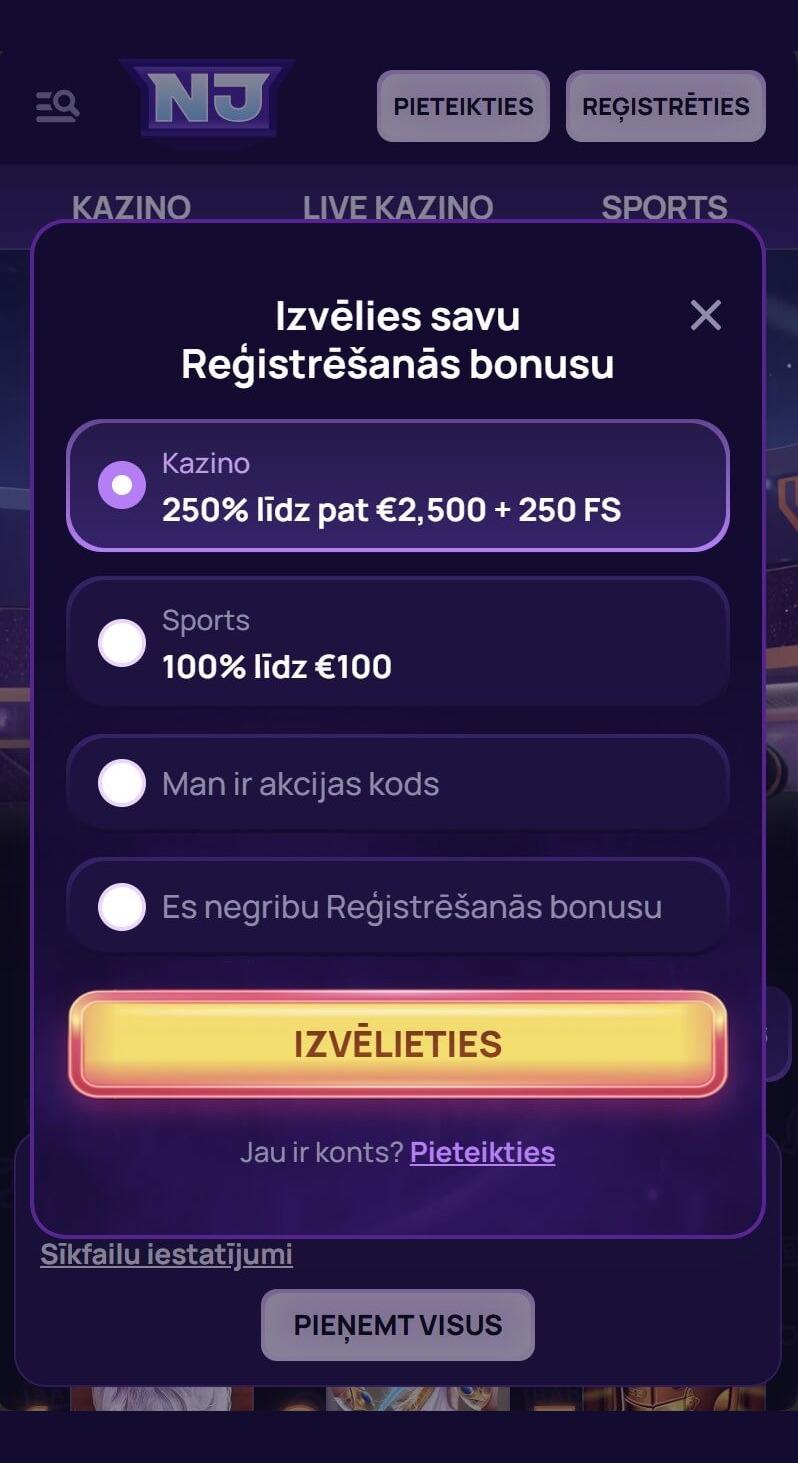 NovaJackpot Casino reģistrācijas bonusa izvēle