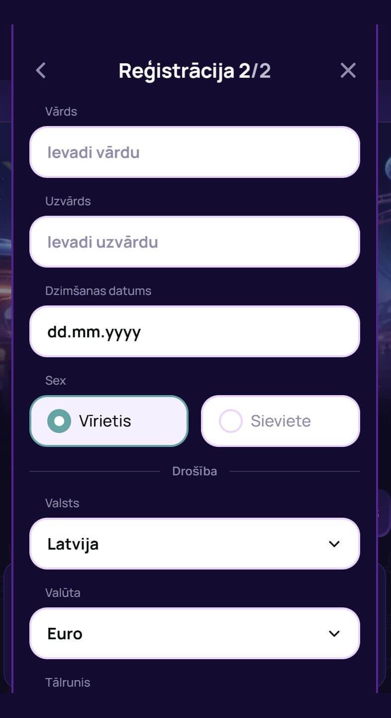 NovaJackpot Casino reģistrācijas forma – vārds, uzvārds, dzimšanas datums, valsts un valūta