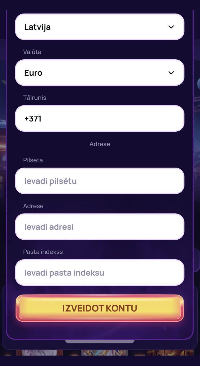 NovaJackpot Casino reģistrācijas pēdējais solis – adrese un konta izveide