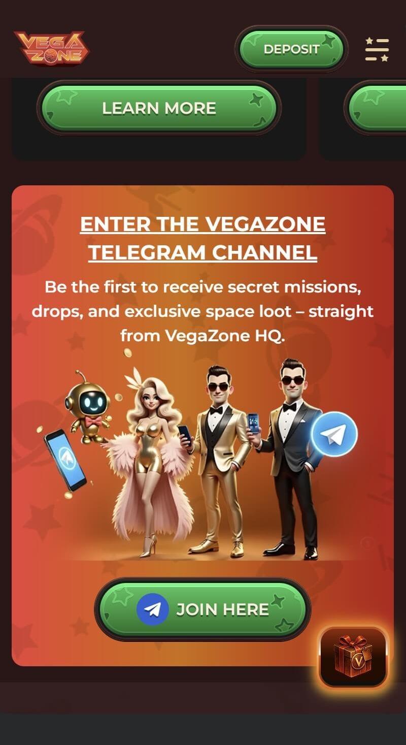 VegaZone Casino Telegram kanāla baneris mājaslapā