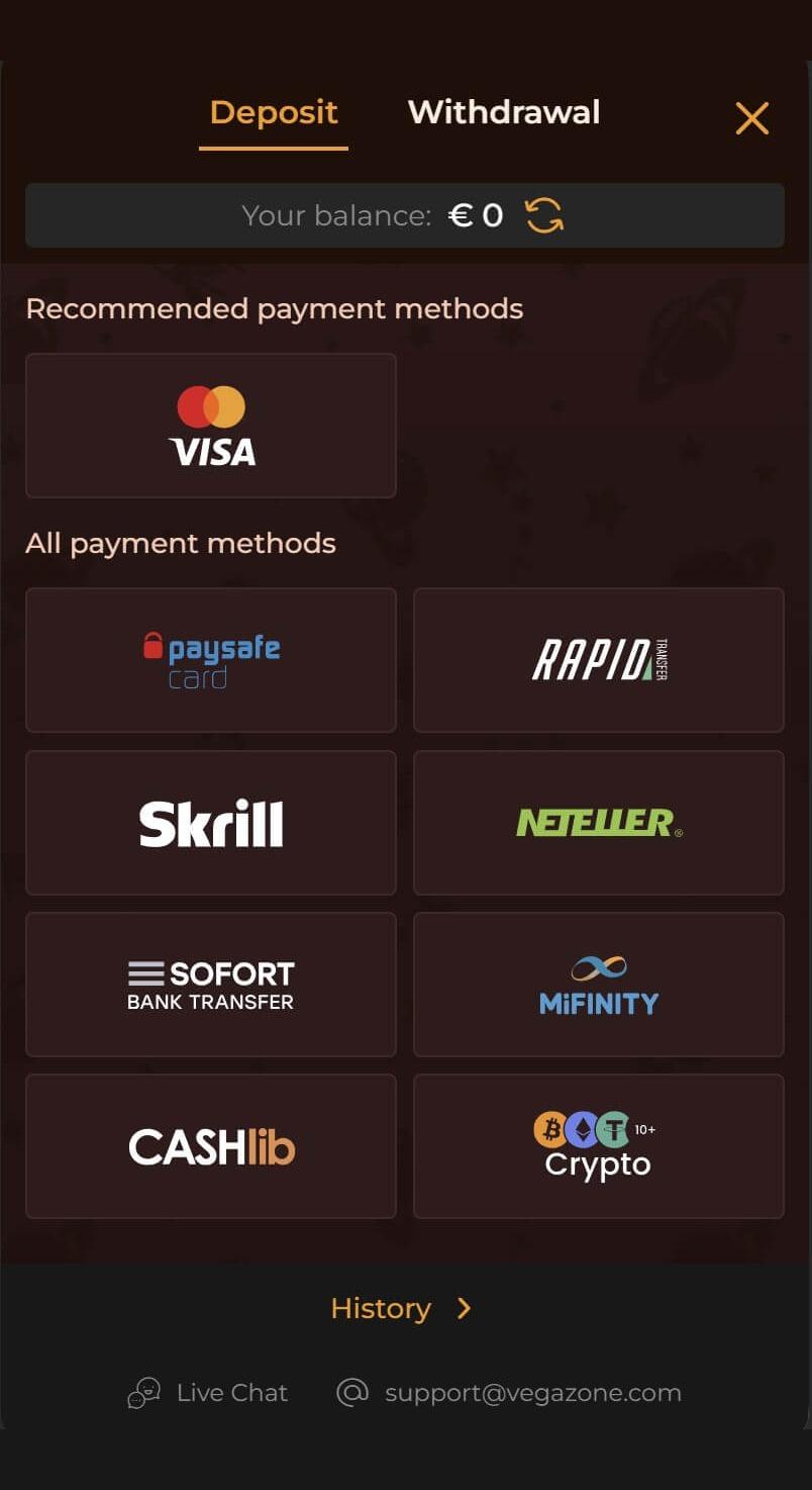 VegaZone Casino maksājumu metožu izvēle iemaksai