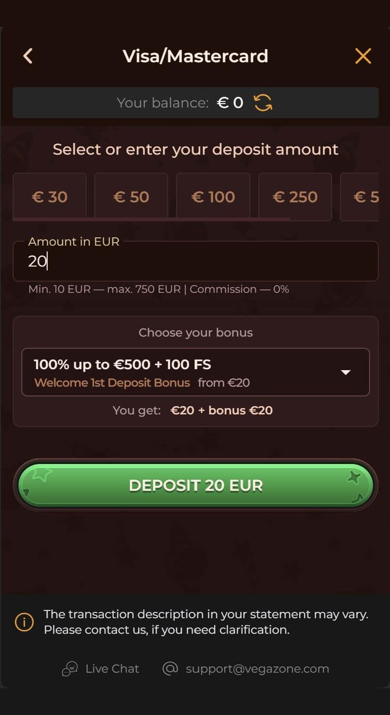 VegaZone Casino iemaksas summas ievade un bonusa izvēle
