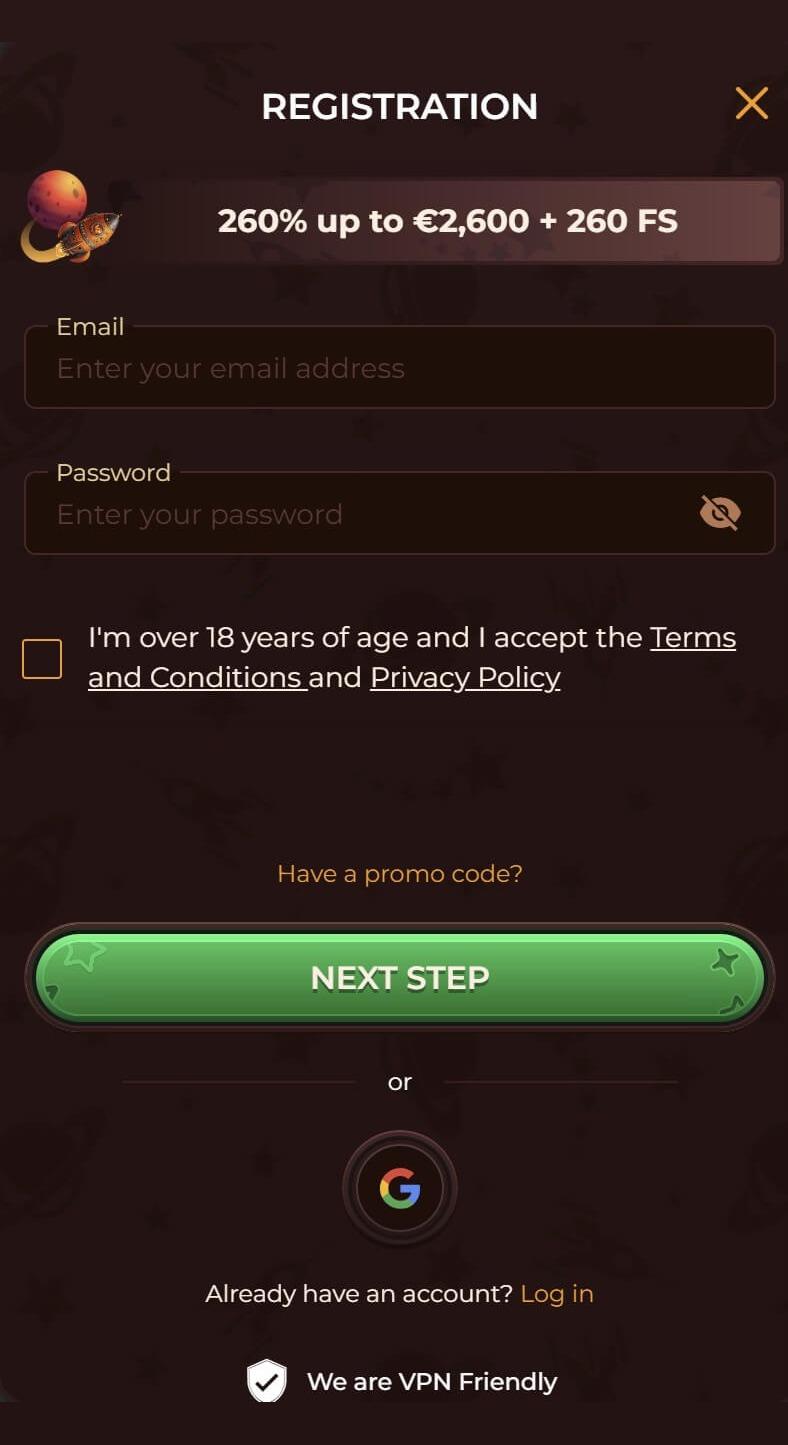 VegaZone Casino reģistrācijas forma – e-pasts un parole