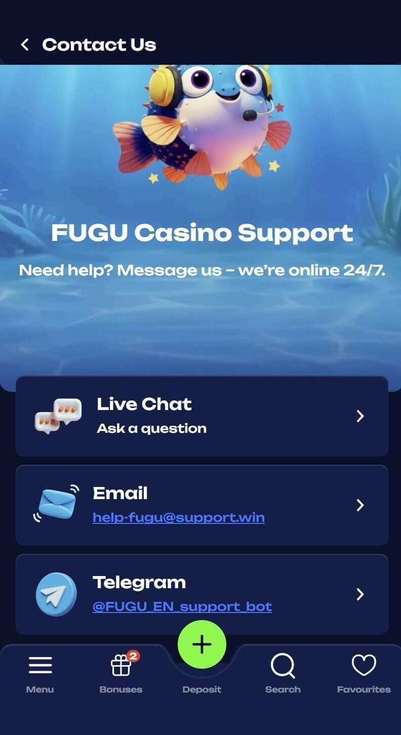Fugu Casino sadaļa Contact Us