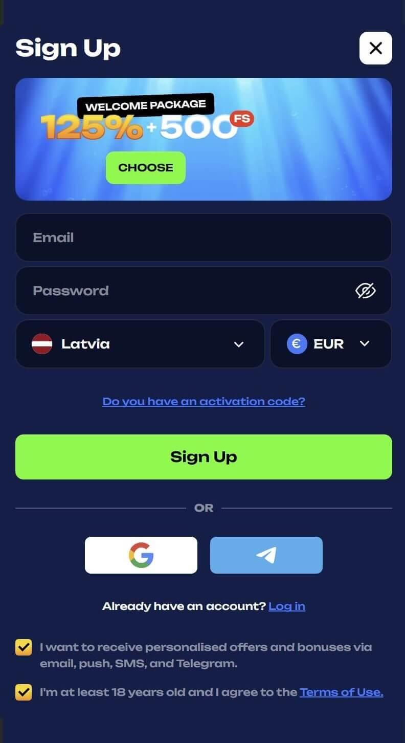 Fugu Casino reģistrācijas forma