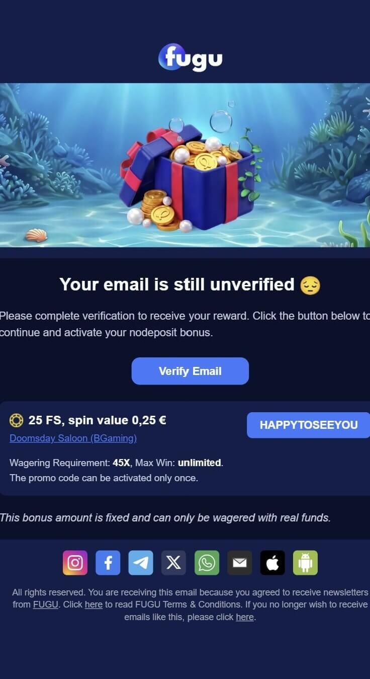 Fugu Casino e-pasta apstiprināšanas vēstule